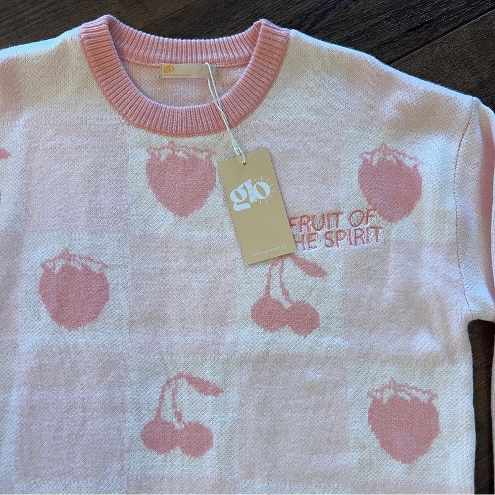 GLO Fruit of the Spirit Pink Jacquard Sweater Cherry Strawberry Size M - Picture 4 of 11